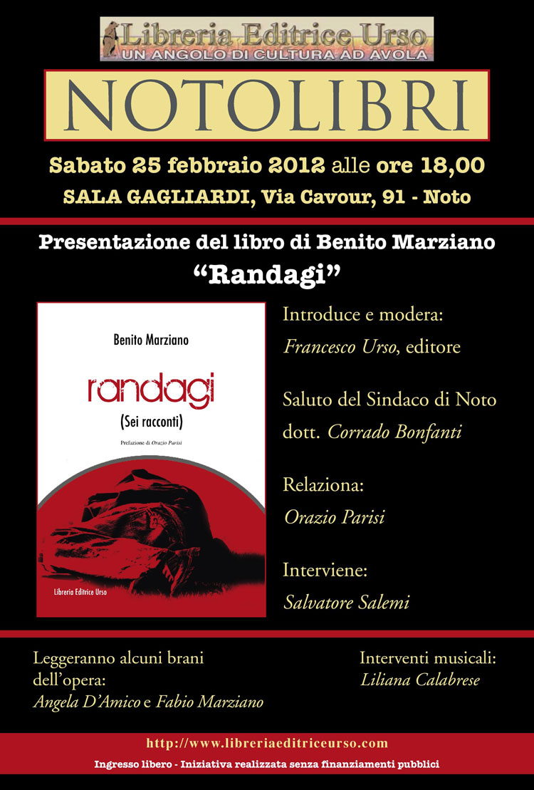 Locandina per la presentazione di ''Randagi'' di Marziano