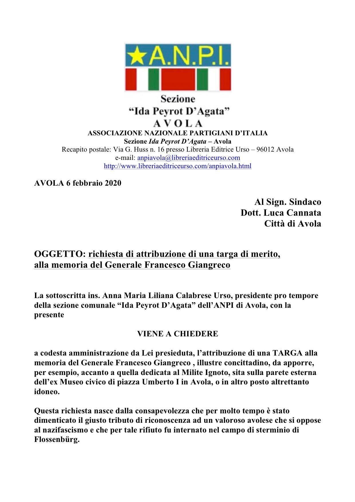 Richiesta al Comune di Avola targa a favore Giangreco